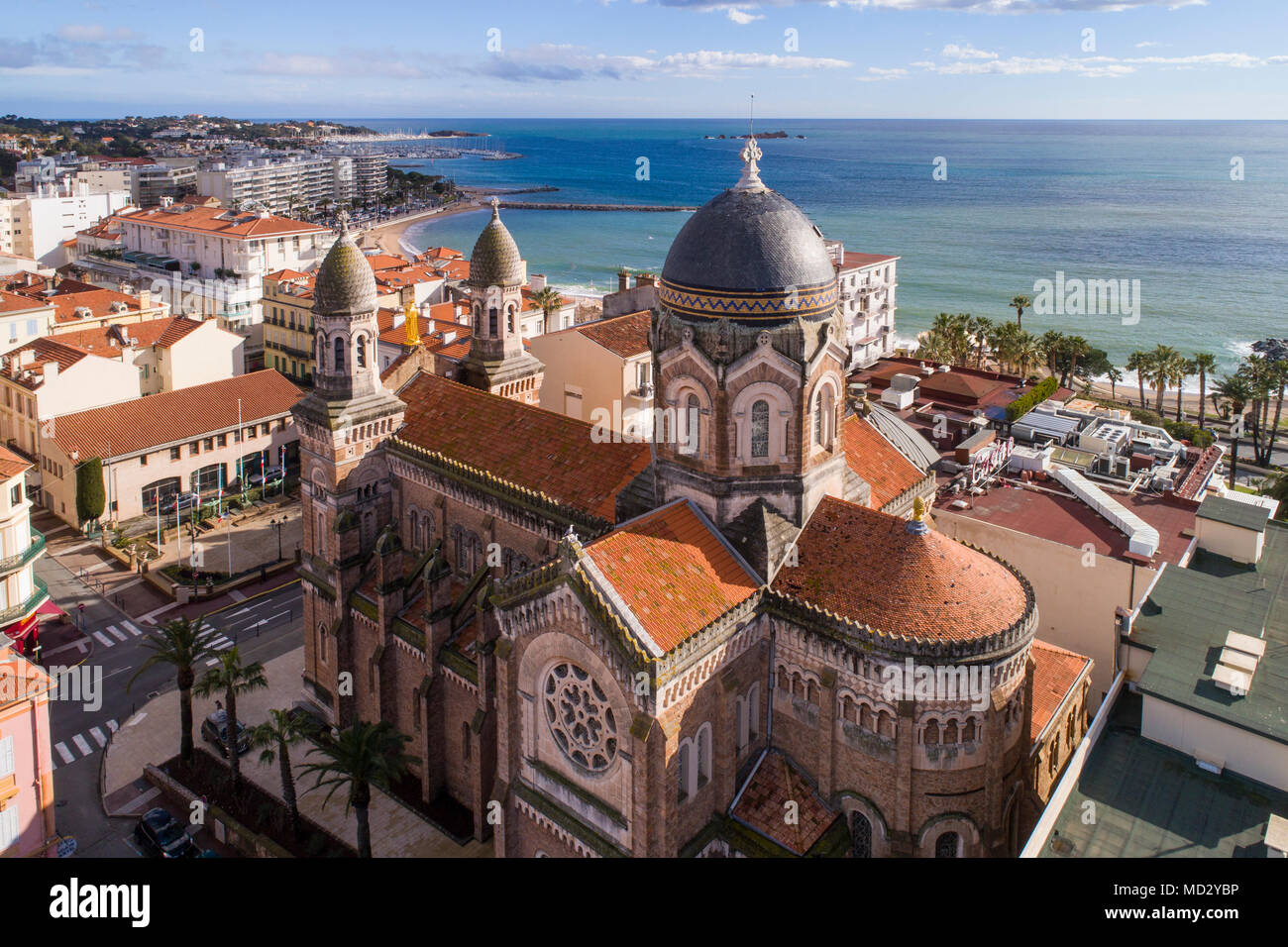 France, Var, Aerial view of Saint Raphael, Harbor and Notre Dame de la Victoire church Stock