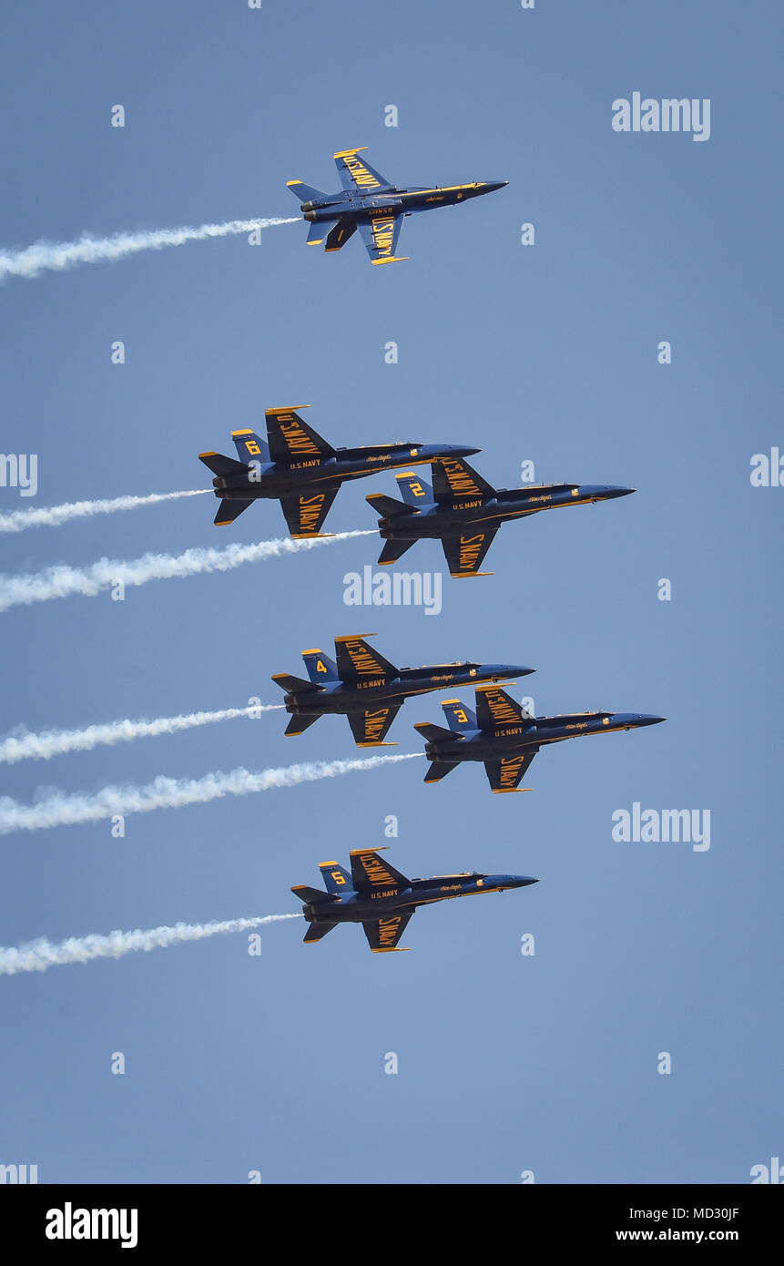 180413-N-NI474-2746  TUSCALOOSA, Ala. (April 13, 2018) The U.S. Navy Flight Demonstration Squadron, the Blue Angels, Delta pilots perform the Pitch Up Break maneuver during a practice demonstration for the Tuscaloosa Regional Air Show. The Blue Angels are scheduled to perform more than 60 demonstrations at more than 30 locations across the U.S. and Canada in 2018. (U.S. Navy photo by Mass Communication Specialist 1st Class Daniel M. Young/Released) Stock Photo