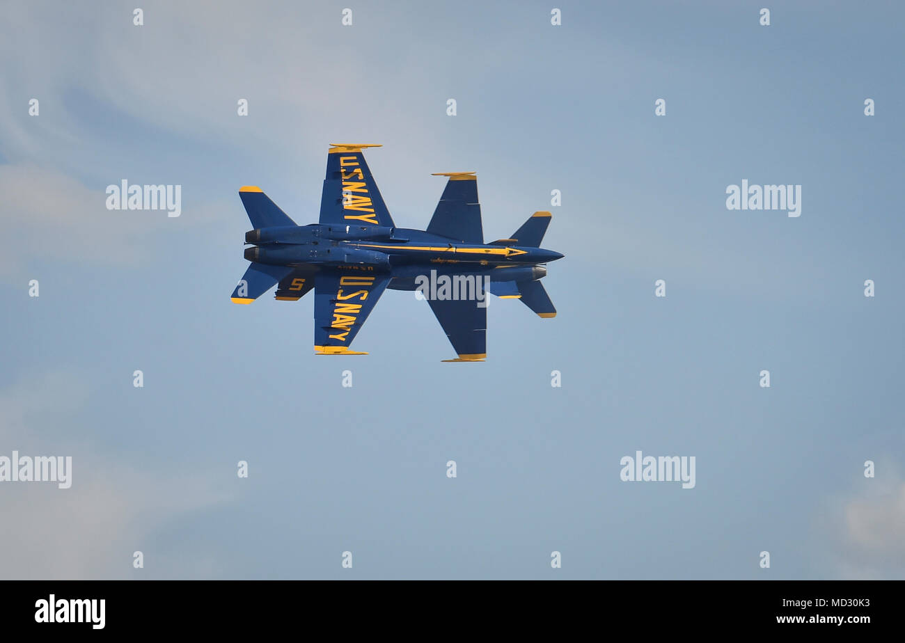 180413-N-NI474-2171  TUSCALOOSA, Ala. (April 13, 2018) The U.S. Navy Flight Demonstration Squadron, the Blue Angels, Solo pilots perform the Knife Edge Pass maneuver during a practice demonstration for the Tuscaloosa Regional Air Show. The Blue Angels are scheduled to perform more than 60 demonstrations at more than 30 locations across the U.S. and Canada in 2018. (U.S. Navy photo by Mass Communication Specialist 1st Class Daniel M. Young/Released) Stock Photo