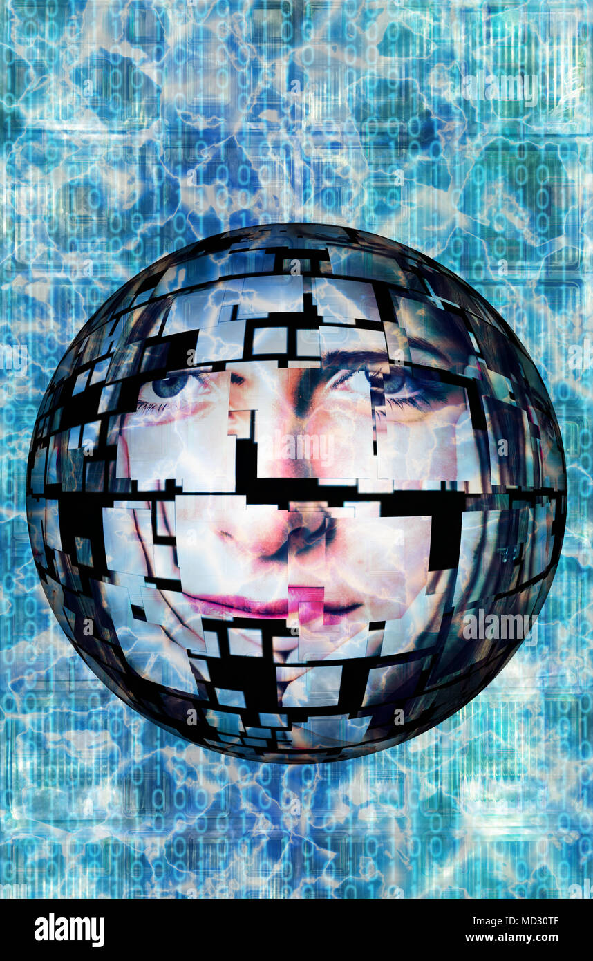 futuristic sphere with a fragmented face over it Stock Photo