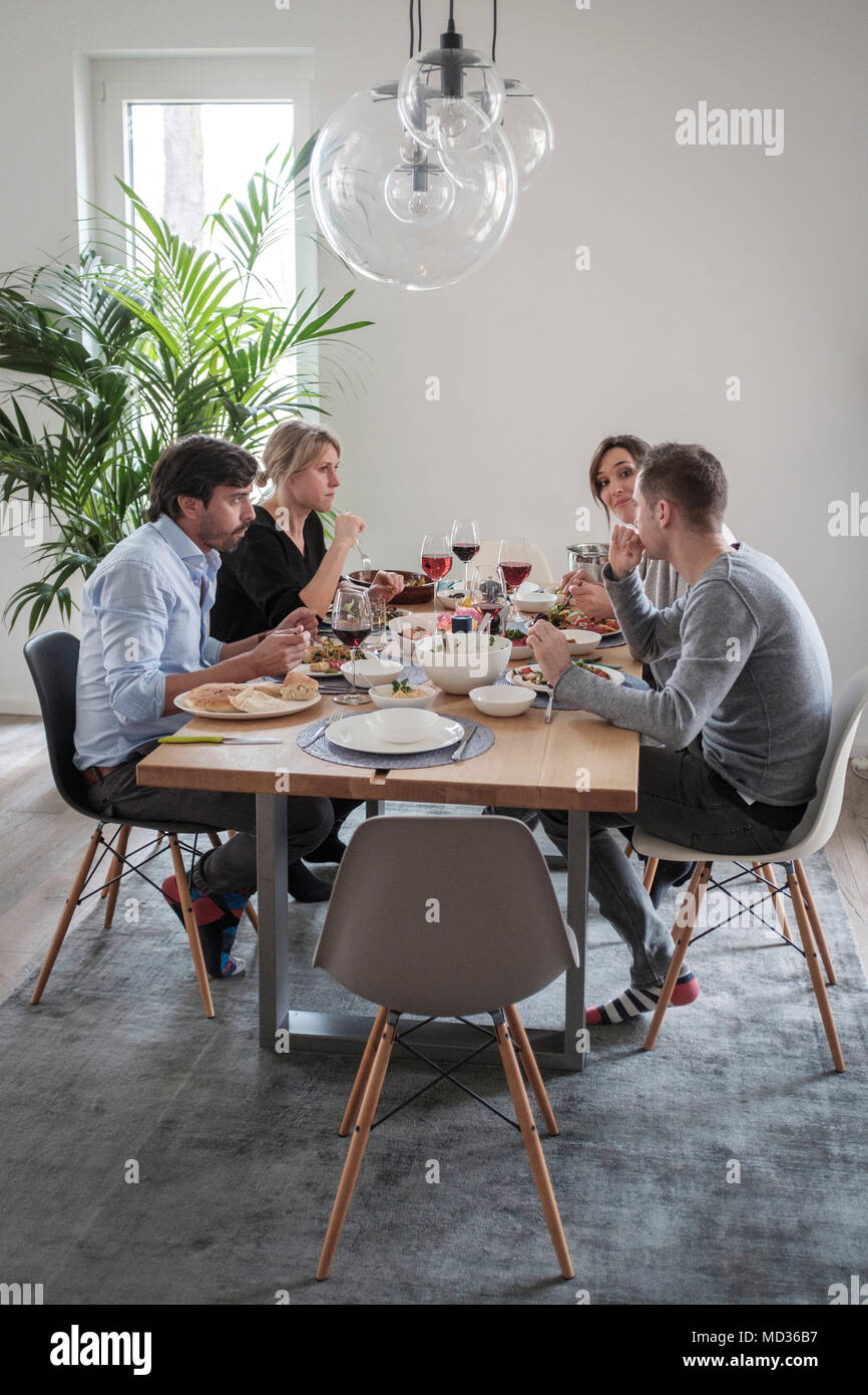 Group of friends having lunch at home, while laughing and enjoying themselves. Stock Photo