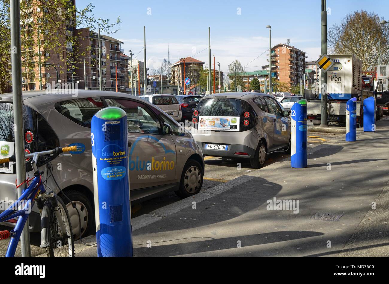 Turin, Italy, Piedmont April 13 2018. Electric car rental, parking with fast charging points. Stock Photo