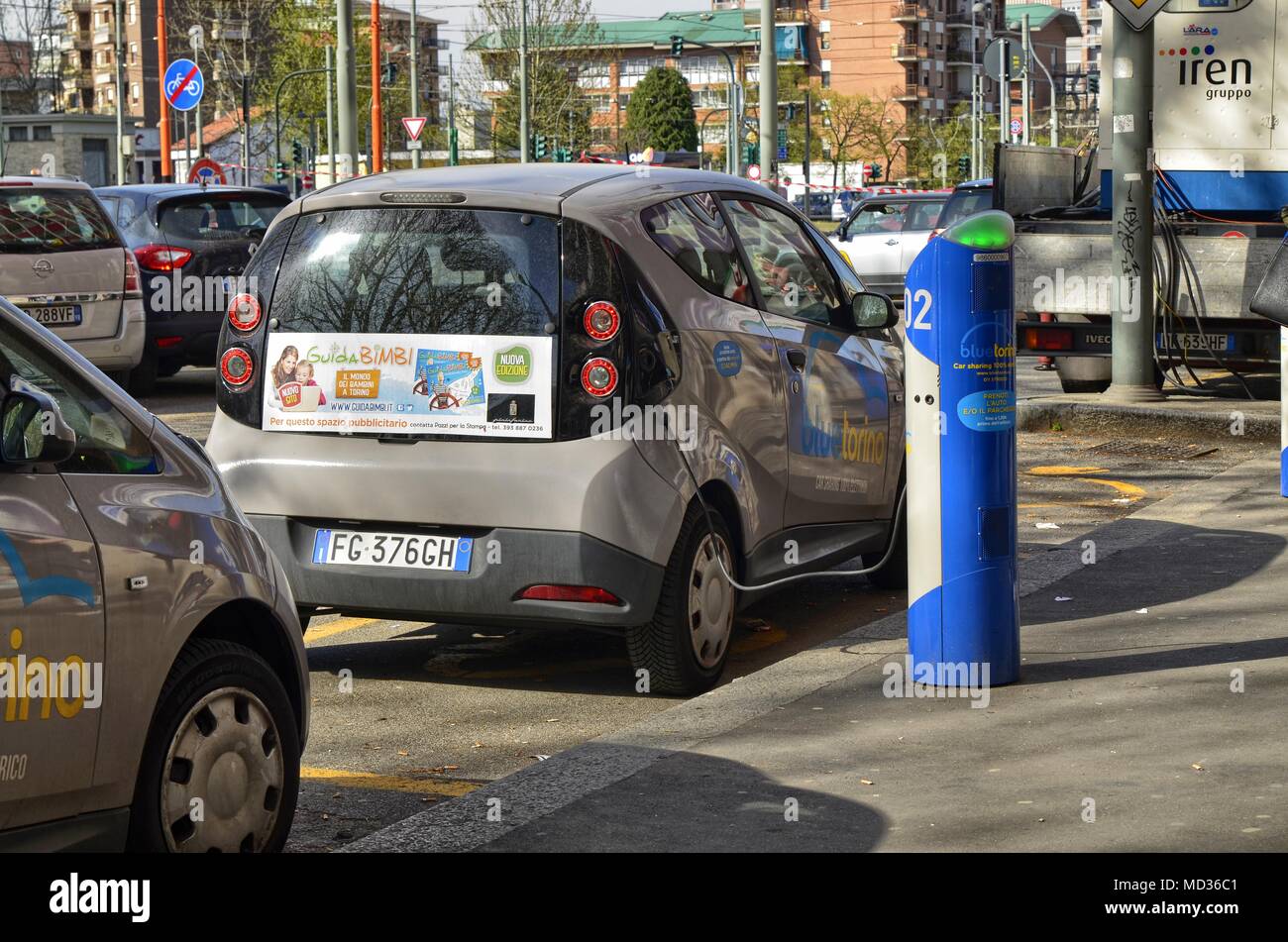 Turin, Italy, Piedmont April 13 2018. Electric car rental, parking with fast charging points. Stock Photo