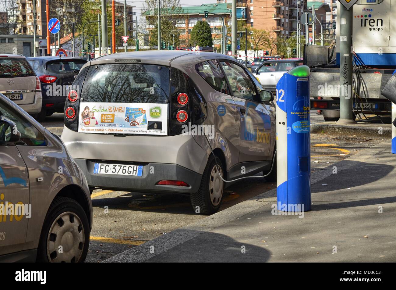 Turin, Italy, Piedmont April 13 2018. Electric car rental, parking with fast charging points. Stock Photo