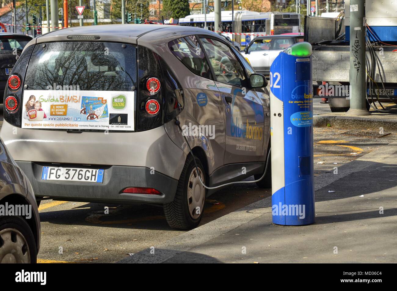 Turin, Italy, Piedmont April 13 2018. Electric car rental, parking with fast charging points. Stock Photo