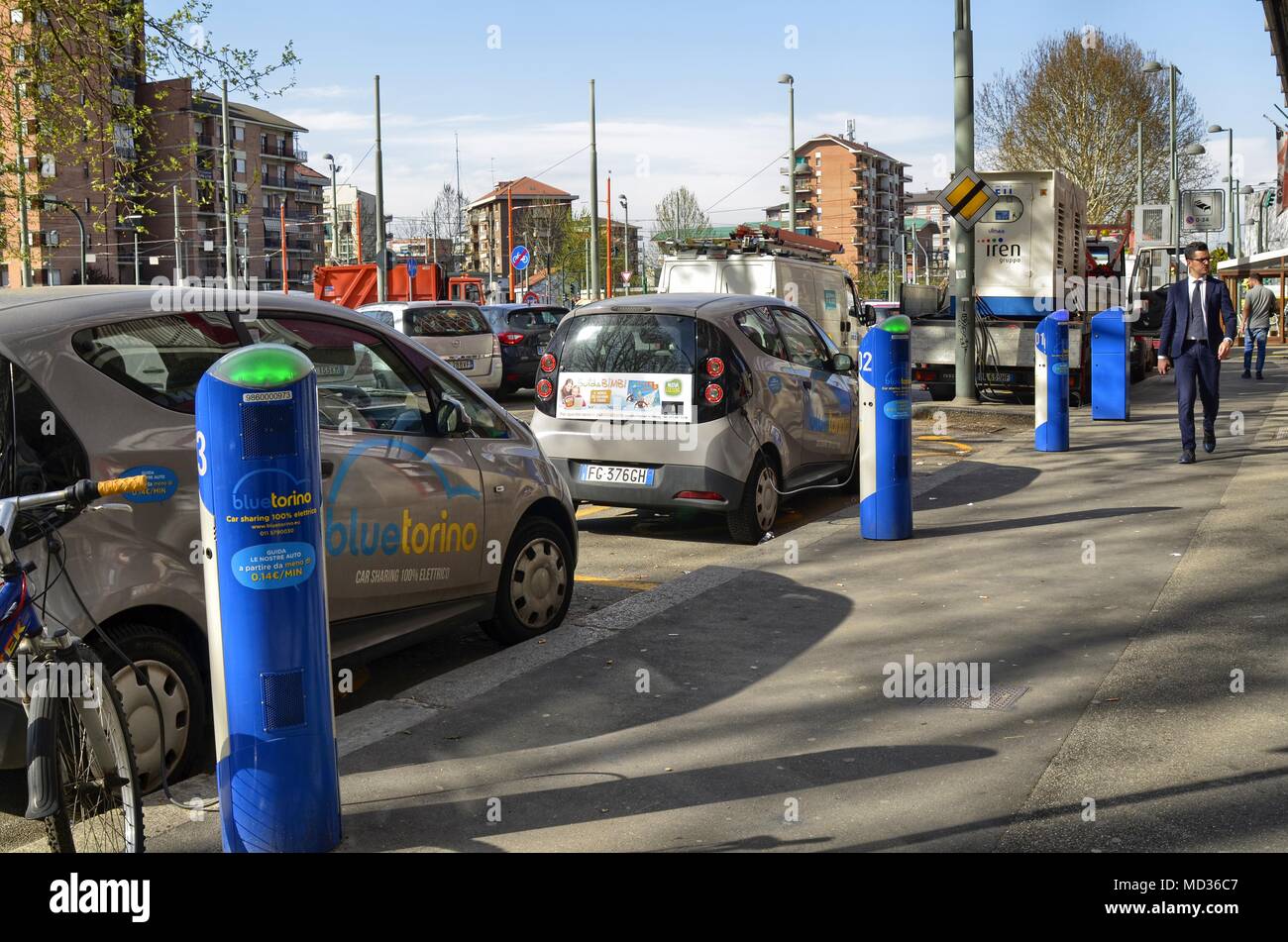 Turin, Italy, Piedmont April 13 2018. Electric car rental, parking with fast charging points. Stock Photo