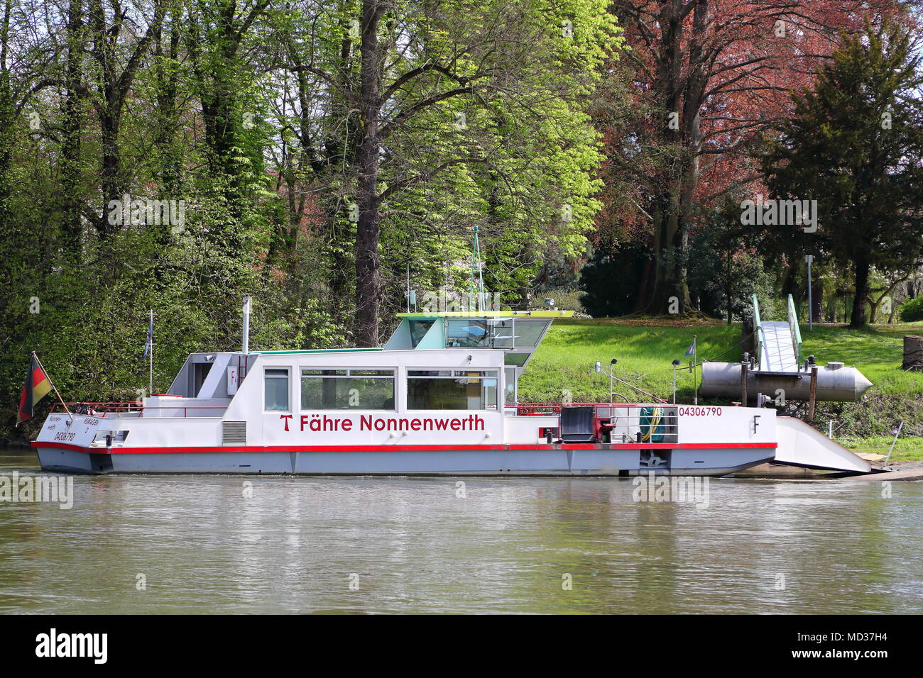 On the Island Nonnenwerth near Remagen, Germany, students are educated at a High School. Students and teachers have to travel everyday by ferry. Stock Photo