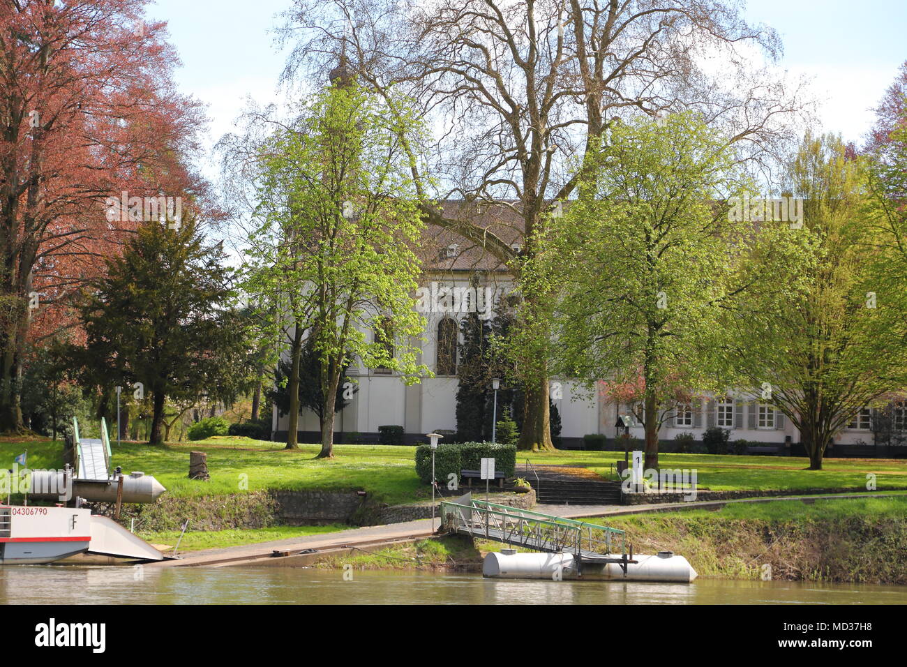 On the Island Nonnenwerth near Remagen, Germany, students are educated at a High School. Students and teachers have to travel everyday by ferry. Stock Photo