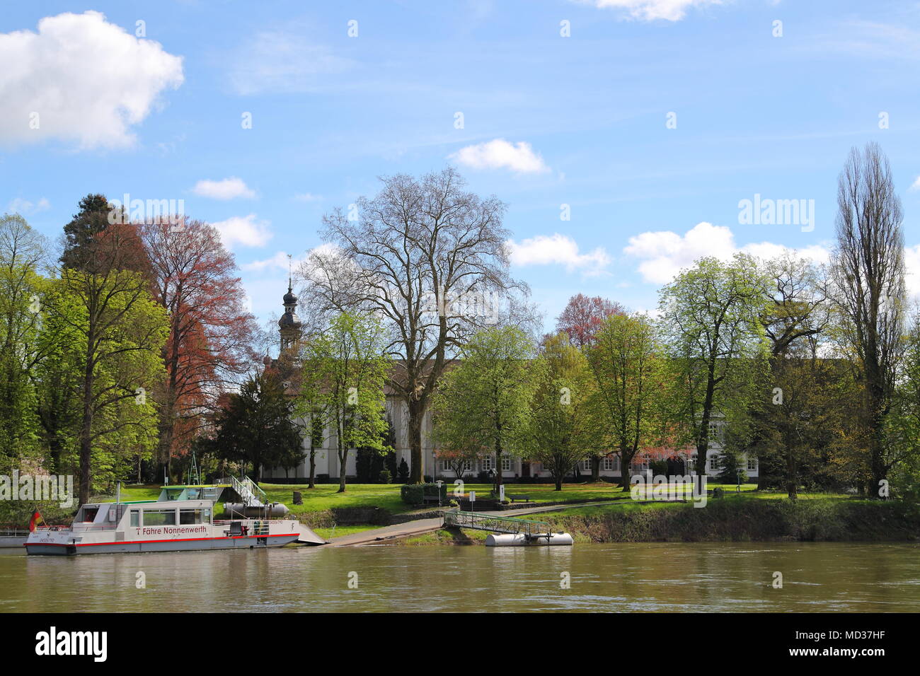 On the Island Nonnenwerth near Remagen, Germany, students are educated at a High School. Students and teachers have to travel everyday by ferry. Stock Photo