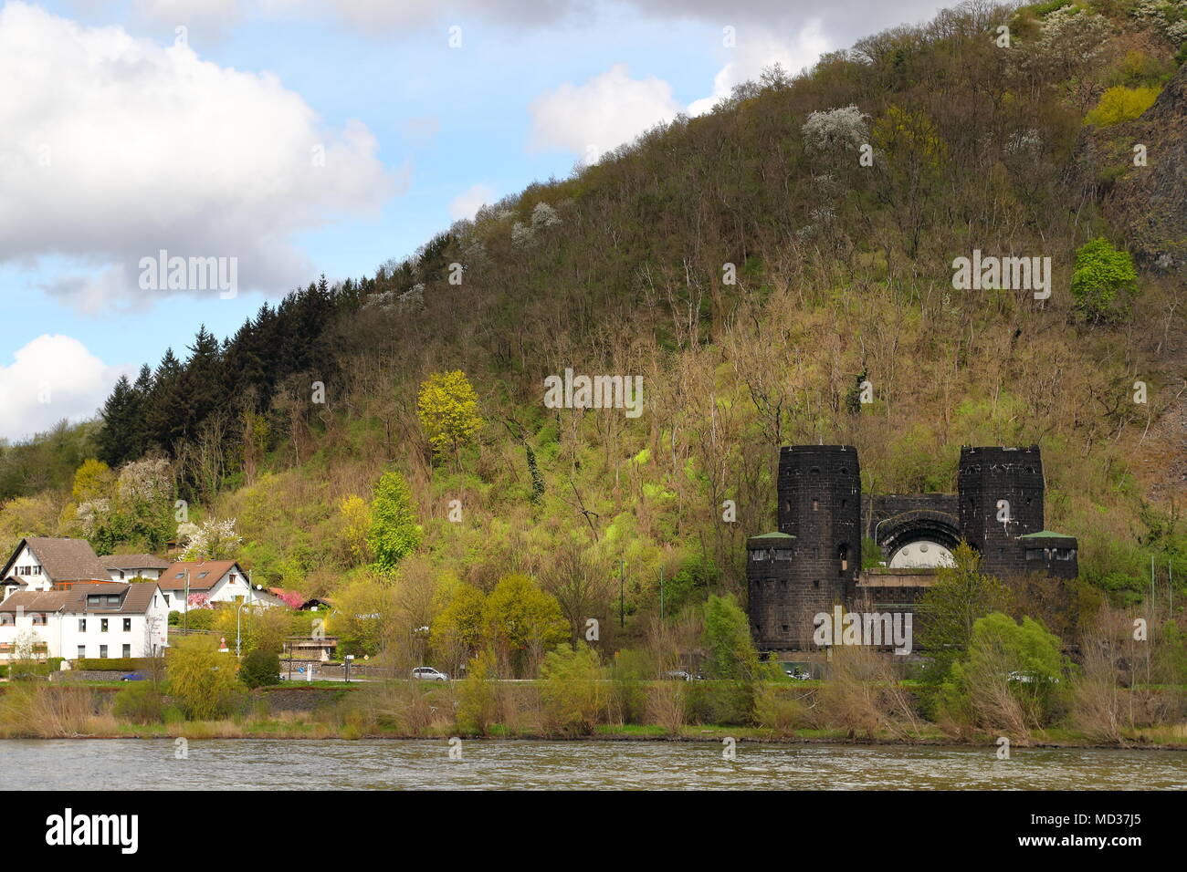 The east tower of the bridge at Remagen, Germany, which was embattled during Worldwar II. One part has been converted to a museum for peace. Stock Photo
