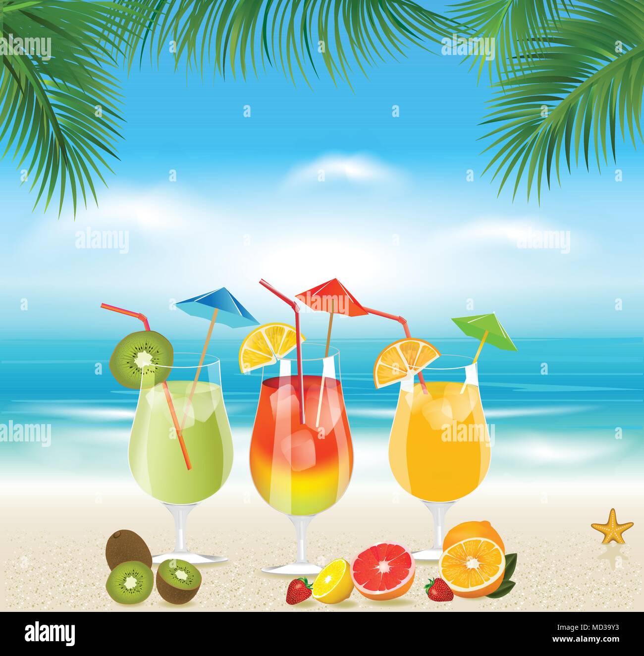 Tropical cocktails with fresh fruits.Summer holidays Stock Vector