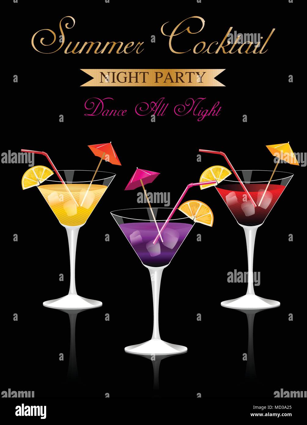 Summer Cocktail Party poster with alcohol drinks in glasses on black background Stock Vector