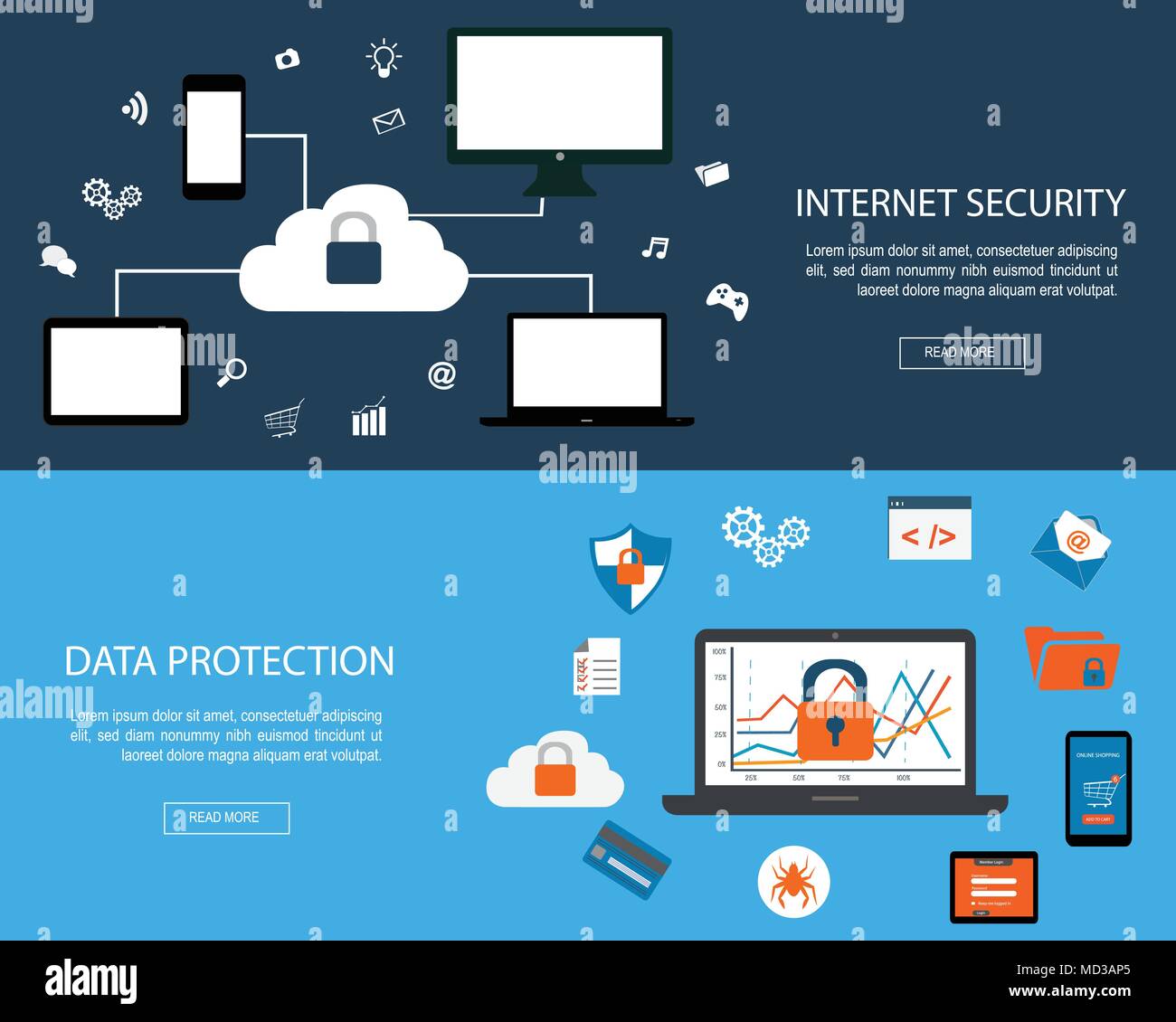 Set of flat design concepts for Internet Security and Data Protection Stock Vector