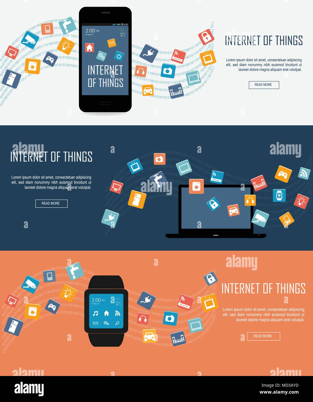 Smartwatch, Laptop, Smartphone with Internet of things (IoT) icons connecting together. Internet networking concept. Remote control concept  for smart Stock Vector