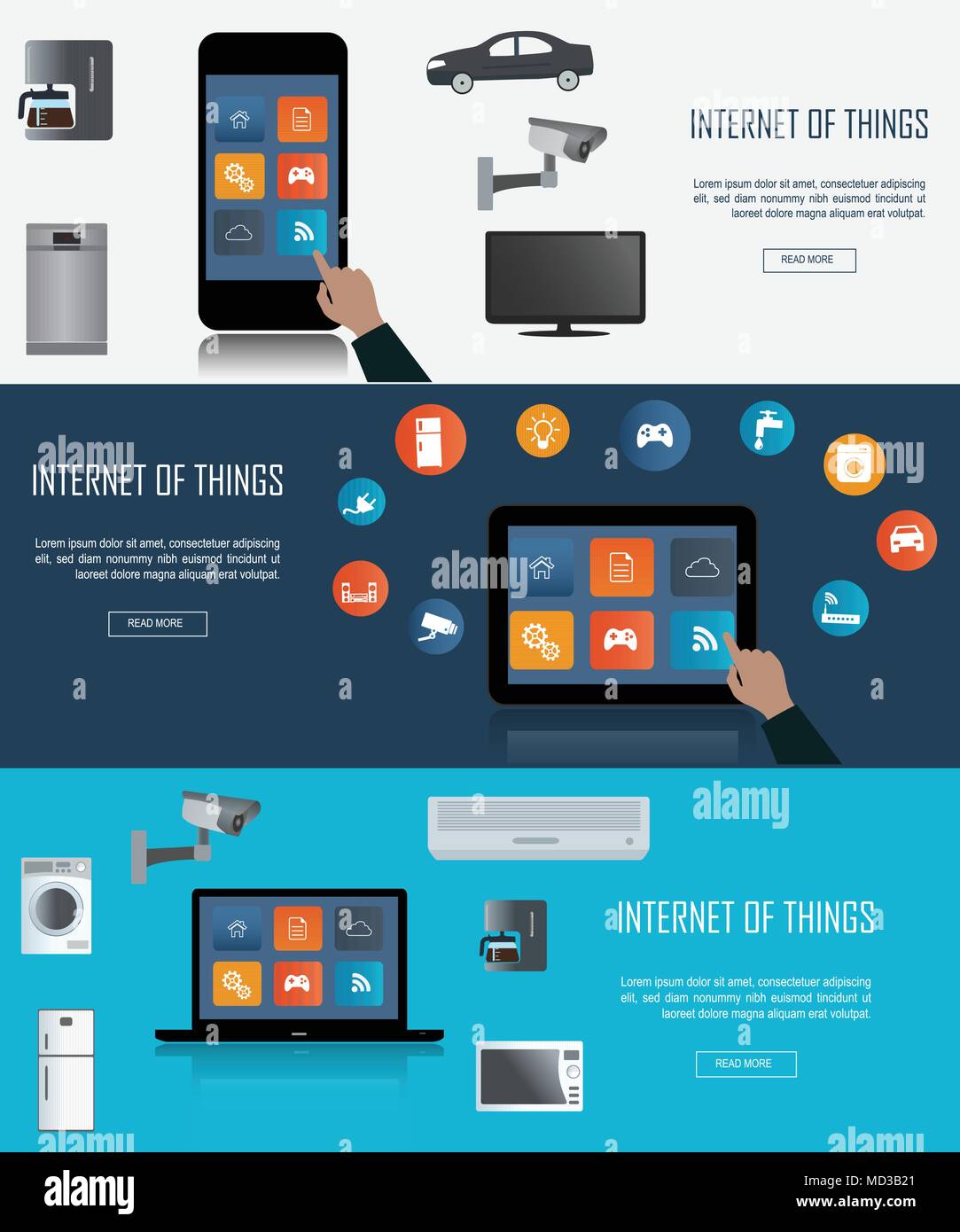 Tablet, Laptop, Smartphone with Internet of things (IoT) icons connecting together. Internet networking concept. Remote control concept  for smart hom Stock Vector