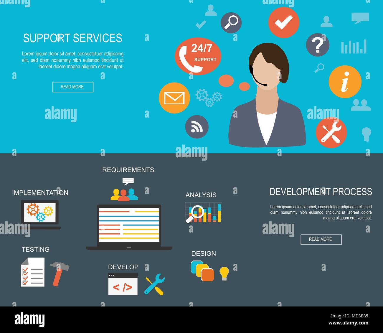 Flat designed banners for Support Services and for Development Process Stock Vector