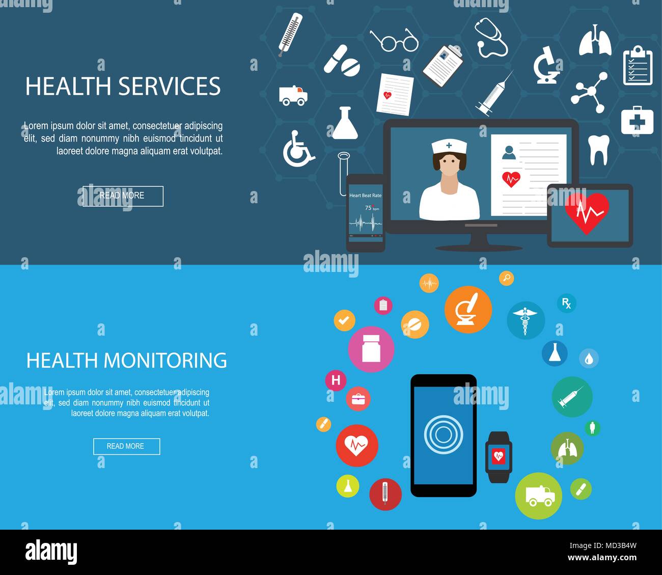 Flat designed banners for Health Services and Health Monitoring Stock Vector