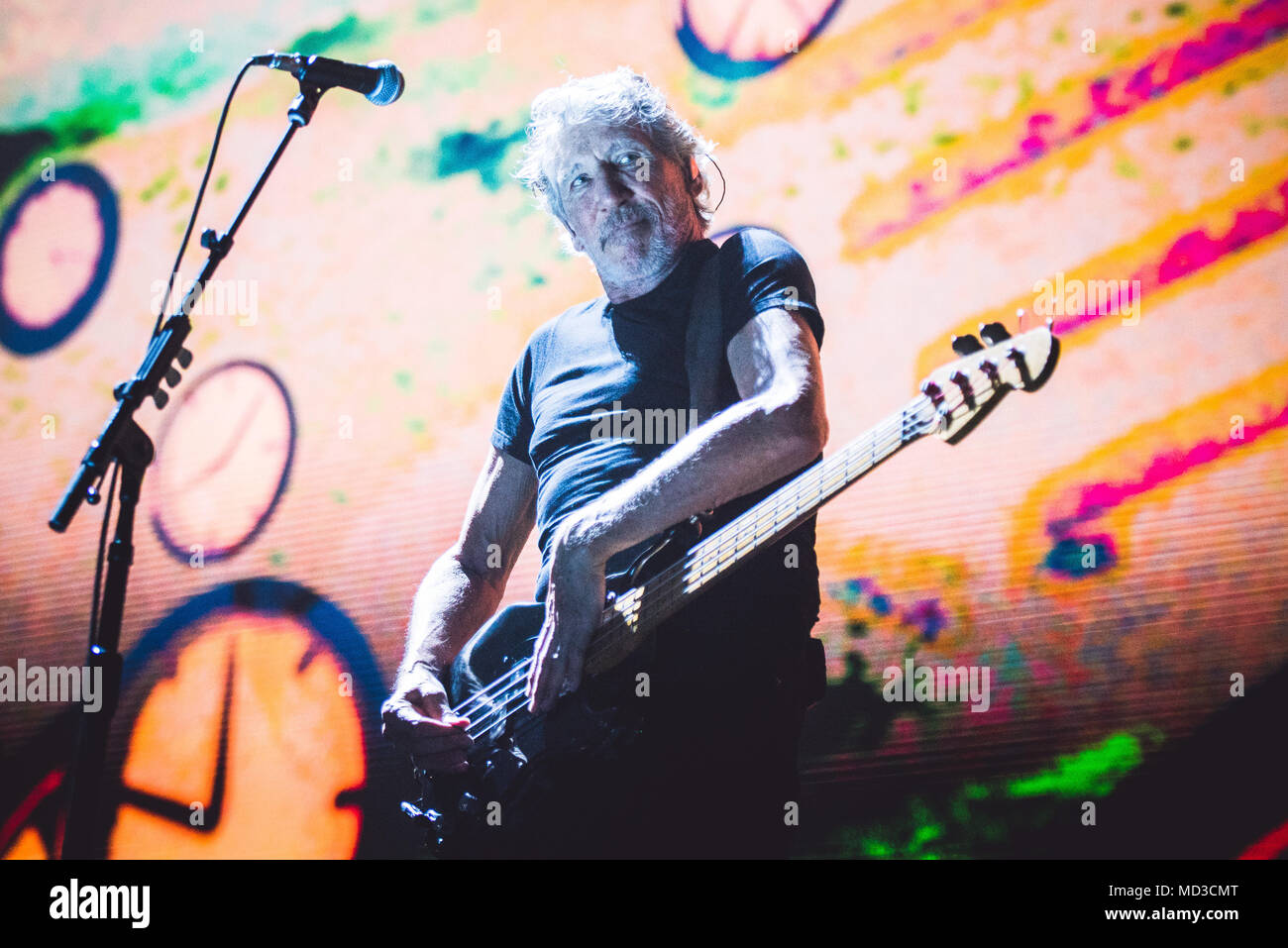 Milan, Italy. 17th Apr, 2018. The music legend, singer and song writer, Roger Waters Performing live on stage at the Assago Forum in Milan for his first 'Us + Them' italian tour concert  Credit: Alessandro Bosio/Alamy Live News Stock Photo