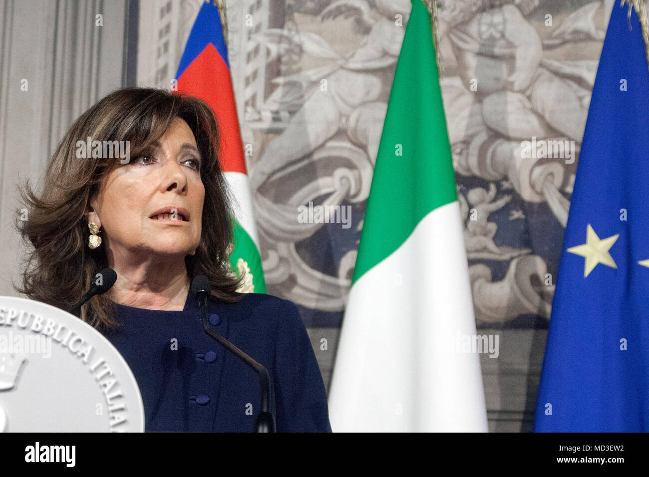 Rome, Italy. 18th April 2018. Italy Names Senate speaker Maria Elisabetta  Alberti Casellati as mediator to break political impasse during a news conference following her meeting with Italy's President Sergio Mattarella at the Quirinale Credit: Sara De Marco/Alamy Live News Stock Photo
