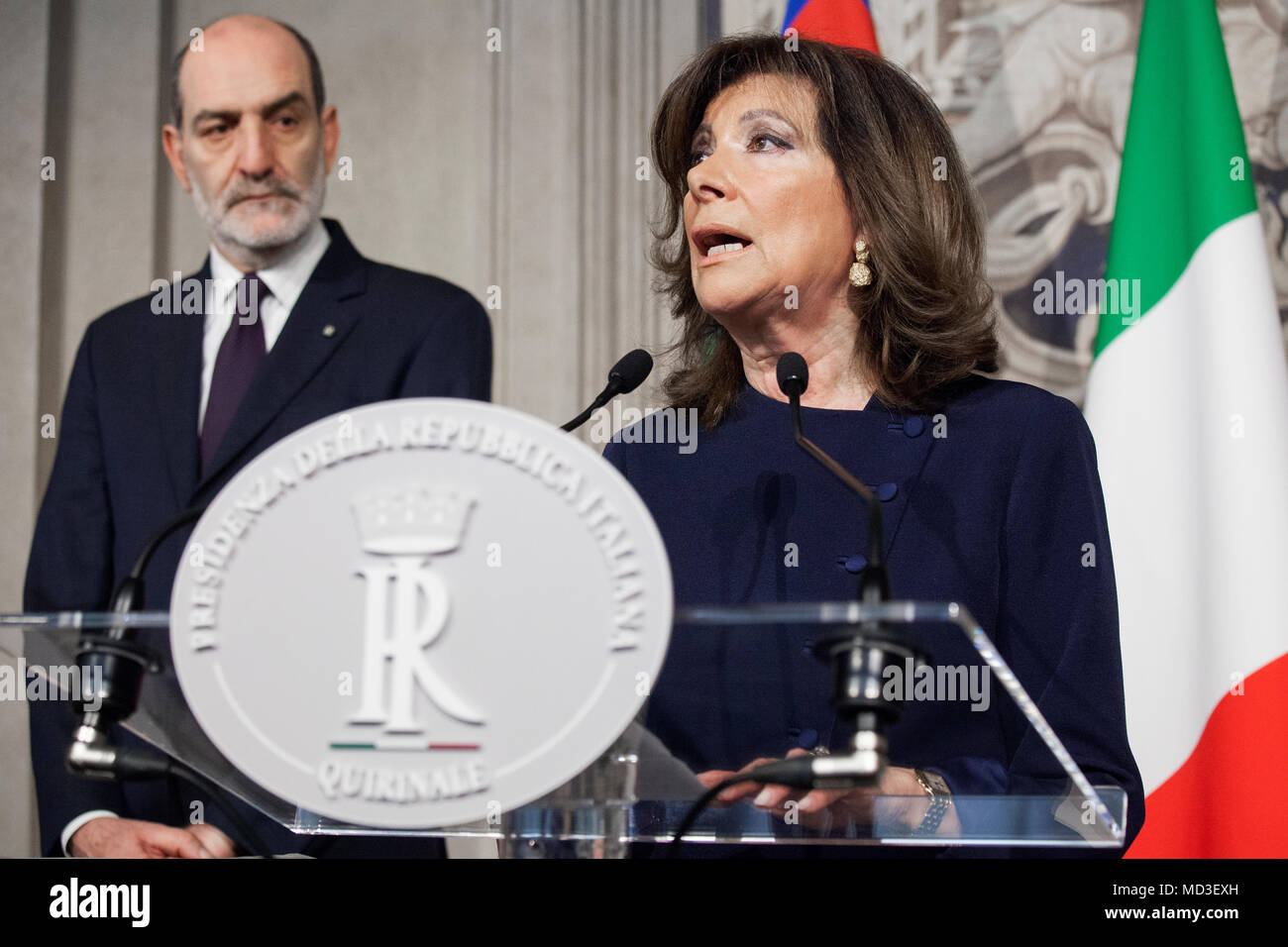Rome, Italy. 18th April 2018. Italy Names Senate speaker Maria Elisabetta  Alberti Casellati as mediator to break political impasse during a news conference following her meeting with Italy's President Sergio Mattarella at the Quirinale Credit: Sara De Marco/Alamy Live News Stock Photo