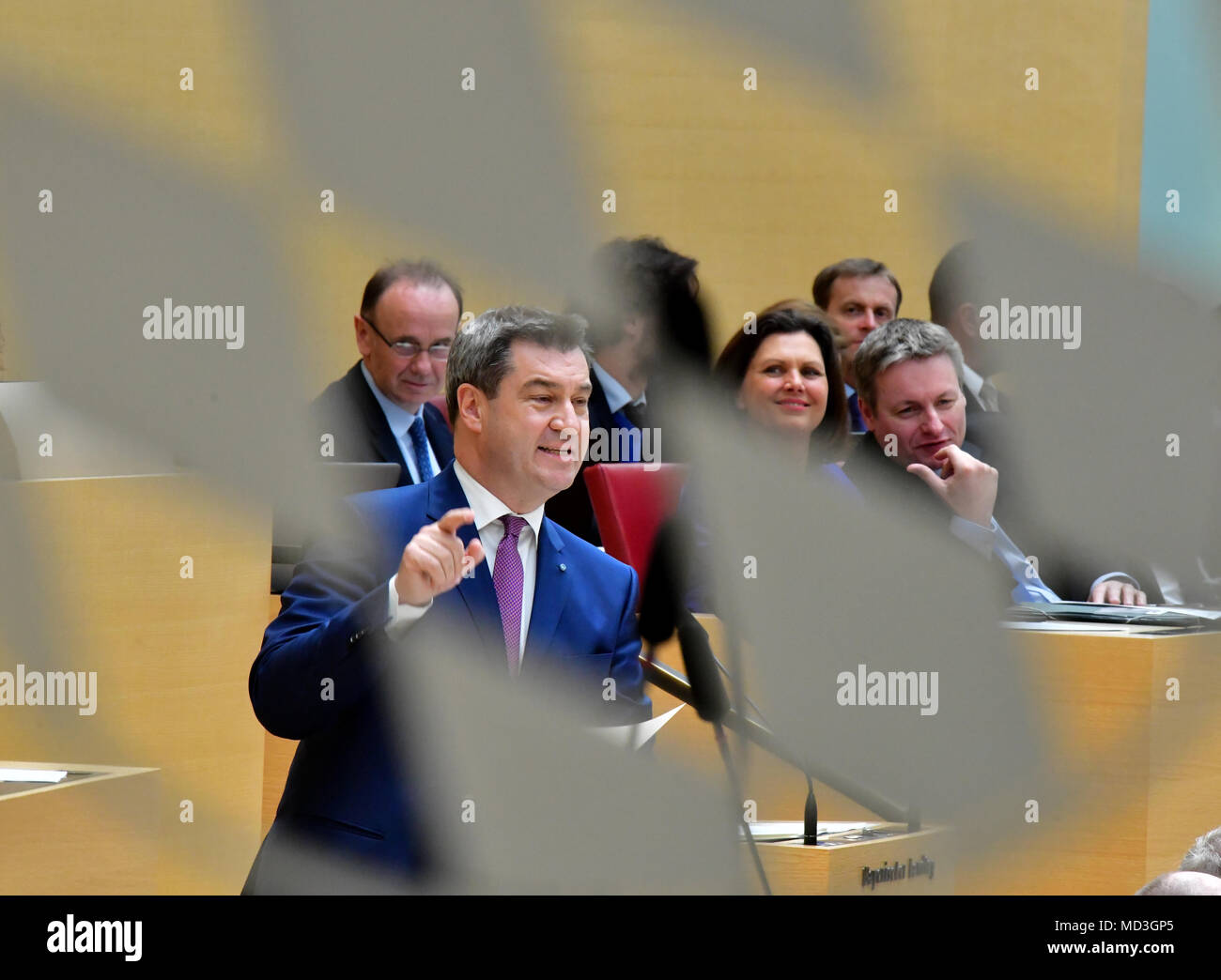 18 April 2018, Germany, Munich: Markus Soeder of the Christian Social Union (CSU), Premier of Bavaria, delivers his government declaration on the topic of 'Das Beste fuer Bayern' (lit. the best for Bavaria) at the Bavarian state parliament. Photo: Peter Kneffel/dpa Stock Photo