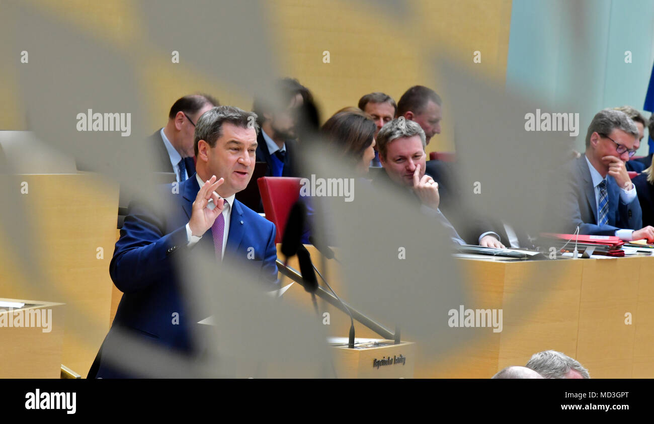 18 April 2018, Germany, Munich: Markus Soeder of the Christian Social Union (CSU), Premier of Bavaria, delivers his government declaration on the topic of 'Das Beste fuer Bayern' (lit. the best for Bavaria) at the Bavarian state parliament. Photo: Peter Kneffel/dpa Stock Photo