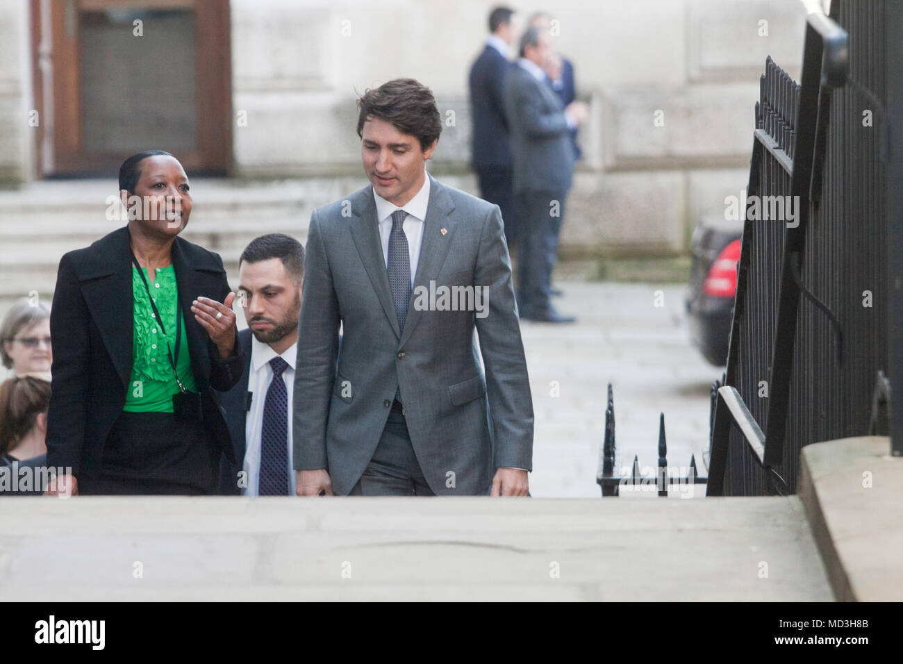 London UK. 18th April 2018. Canadian Prime Minister Justin Trudeau arrives at Downing Street for a meeting with his counterpart British PM Theresa May as part of the Commonwealth Heads of Government meetings Credit: amer ghazzal/Alamy Live News Stock Photo