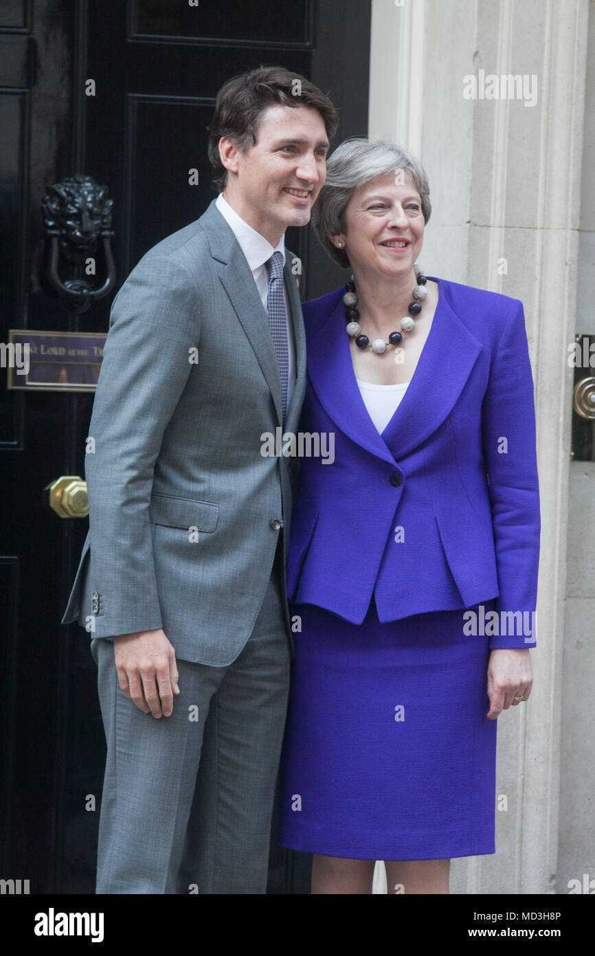 London UK. 18th April 2018. Canadian Prime Minister Justin Trudeau arrives at Downing Street for a meeting with his counterpart British PM Theresa May as part of the Commonwealth Heads of Government meetings Credit: amer ghazzal/Alamy Live News Stock Photo