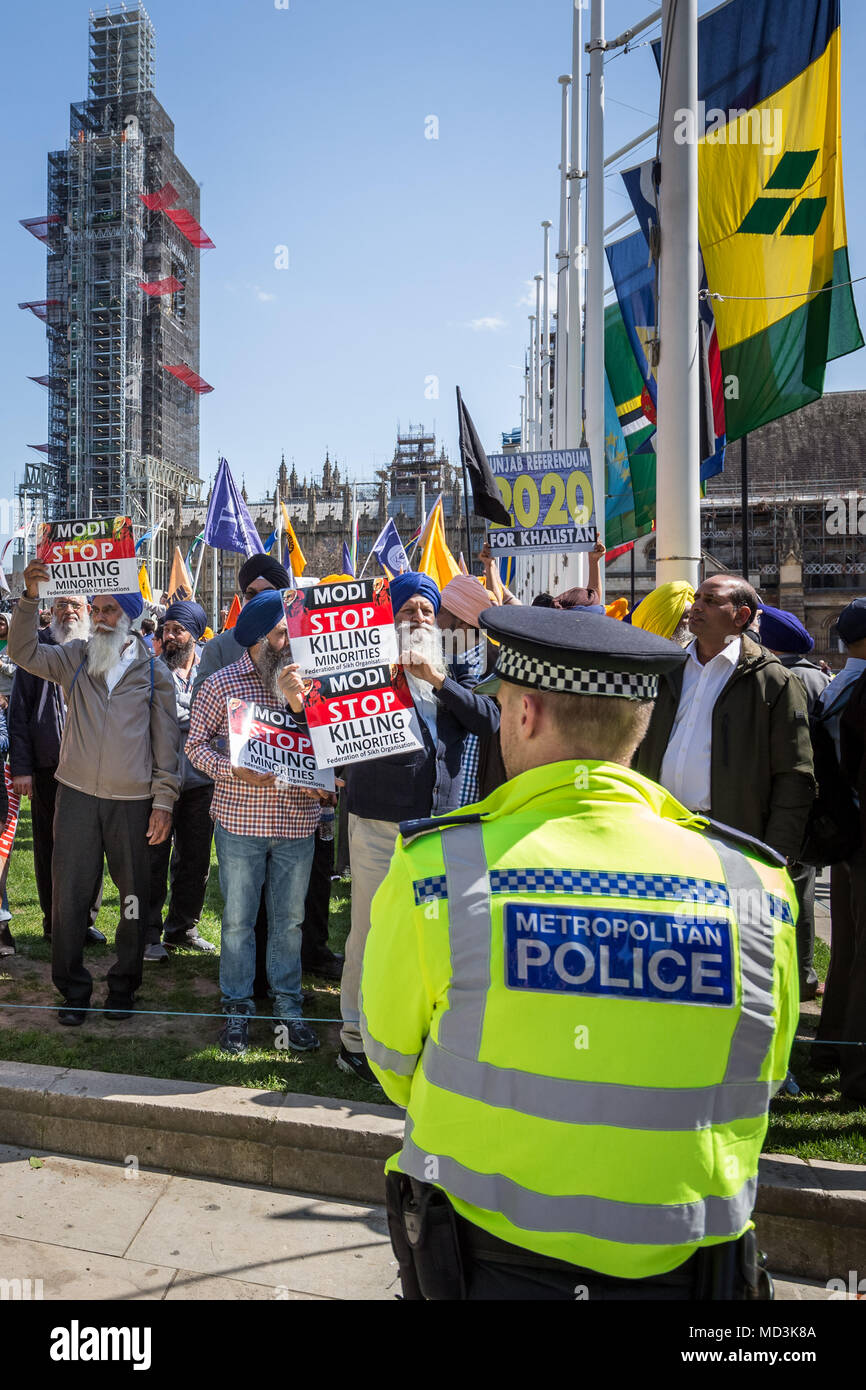 London, UK. 18th April, 2018. Mass Anti-Modi protests in Parliament Square against Narendra Modi, the current serving Prime Minister of India, who is visiting London as part of the Commonwealth Heads of Government summit. © Guy Corbishley/Alamy Live News Stock Photo