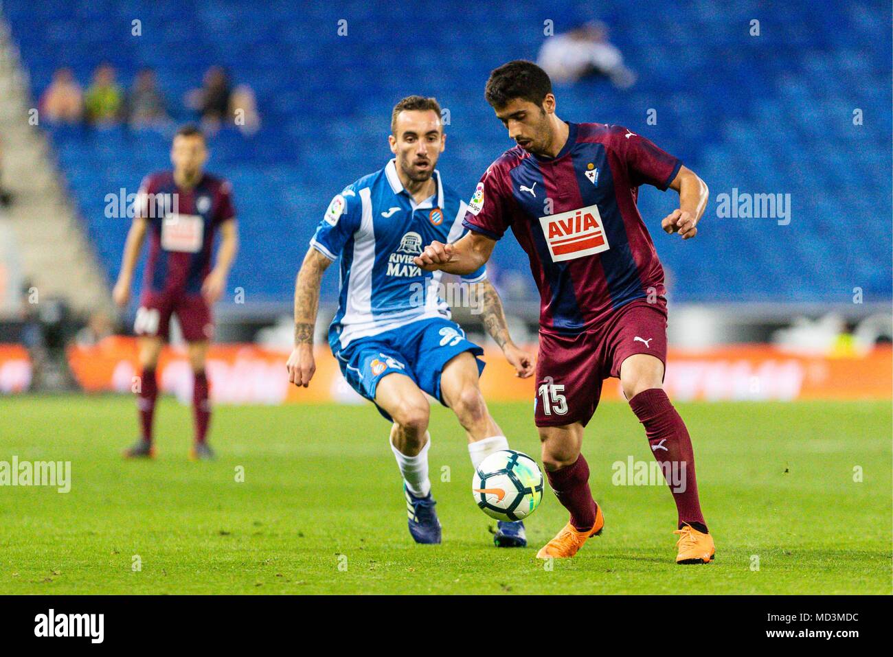 SPAIN - 18th of April: SD Eibar defender Jose Angel (15) and RCD Espanyol  midfielder Sergi Darder (25) during the match between RCD Espanyol v Eibar  for the round 33 of the