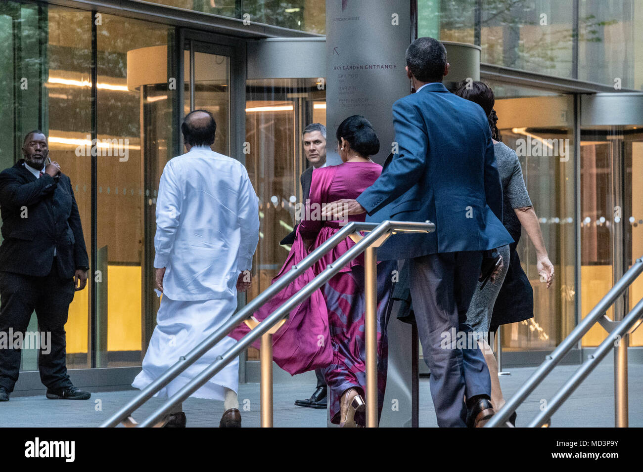 London, UK. 18th April 2018, Amid tight security Commonwealth Heads of State arrive by coach at a dinner and reception hosted by Prime Minister Theresa May, at the Walkie Talkie Building (20 Fenchurch Street) in the City of London Credit: Ian Davidson/Alamy Live News Stock Photo