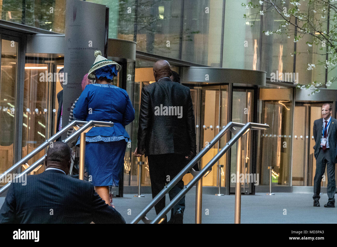 London, UK. 18th April 2018, Amid tight security Commonwealth Heads of State arrive by coach at a dinner and reception hosted by Prime Minister Theresa May, at the Walkie Talkie Building (20 Fenchurch Street) in the City of London Credit: Ian Davidson/Alamy Live News Stock Photo