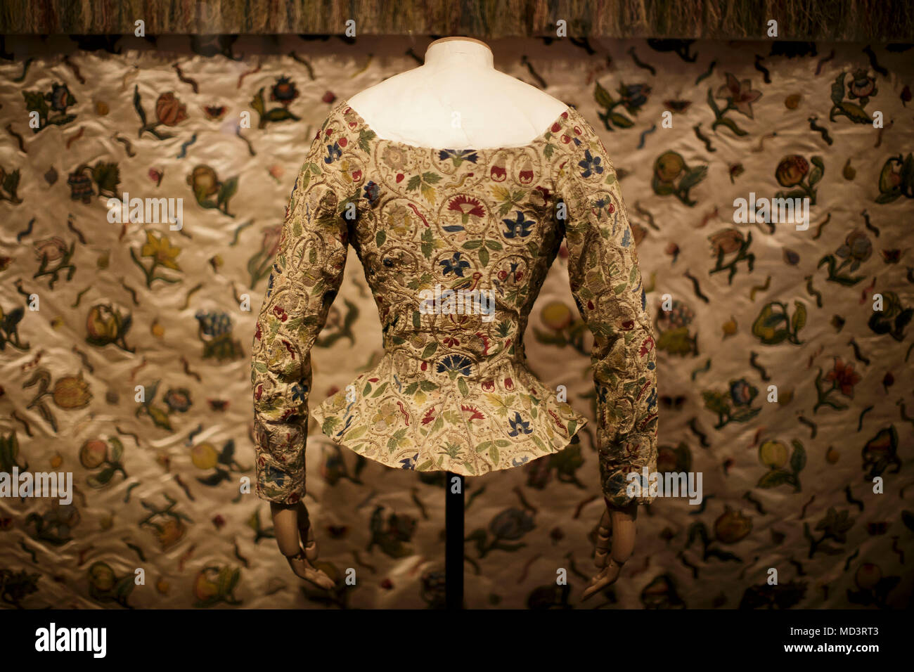 London, Britain. 18th Apr, 2018. A 17th century woman's waistcoat is on  display at the exhibition "Fashioned from Nature" at Victoria and Albert  Museum in London, Britain, on April 18, 2018. The