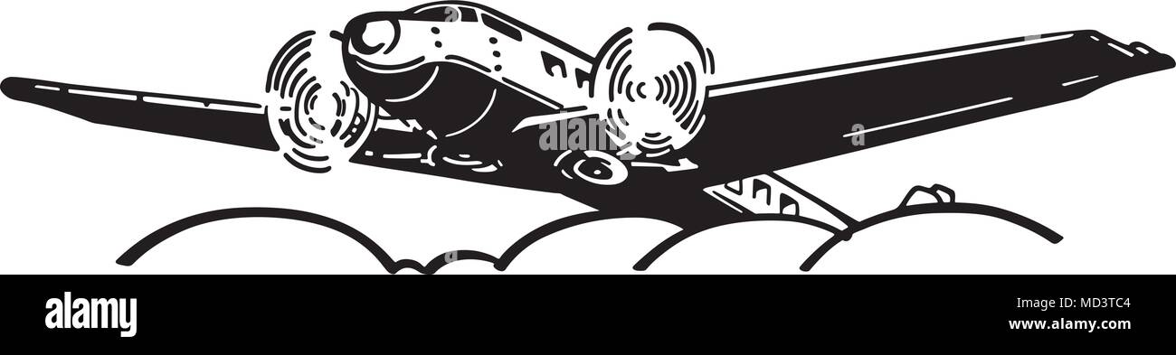 Airplane Flying Above Clouds - Retro Clipart Illustration Stock Vector ...