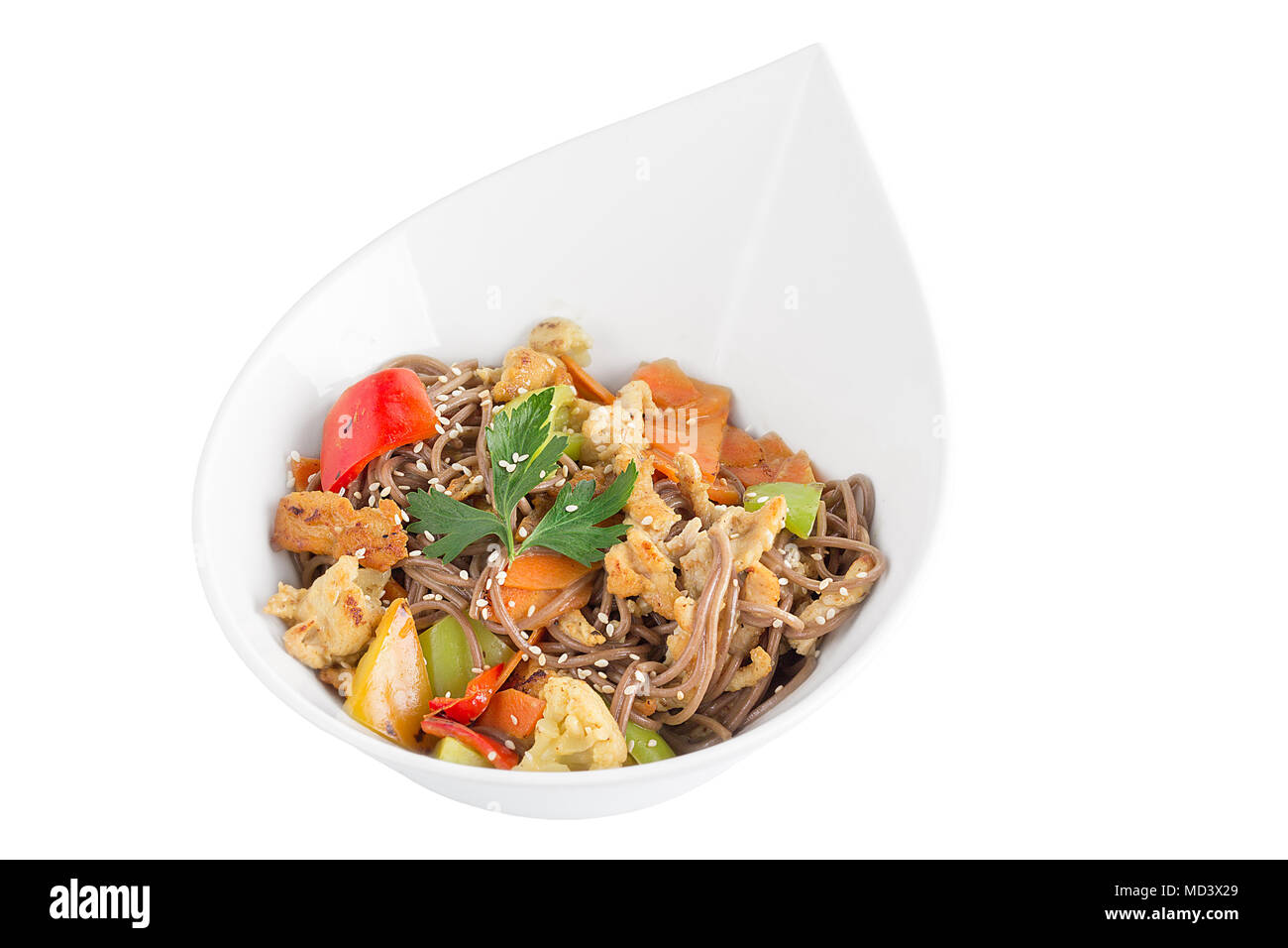 Buckwheat noodles with chicken and vegetables with teriyaki sauce