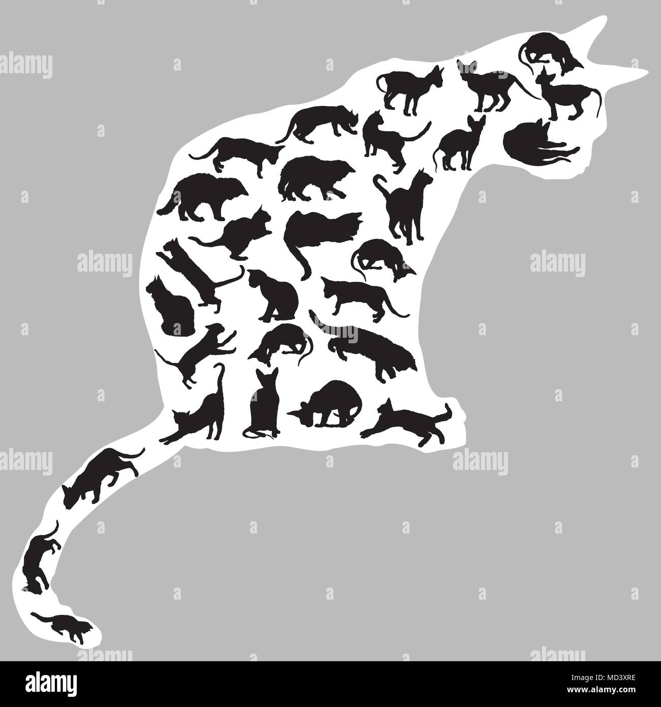 Set of different  isolated cats silhouettes (sitting, standing, lying, playing) in black color inside big sitting silhouette of cat in white color. Gr Stock Vector