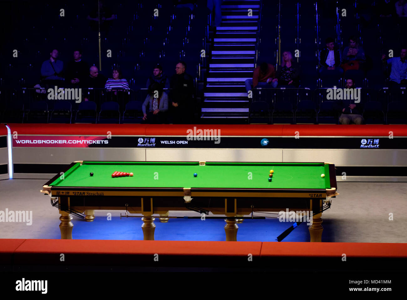 Snooker table at Welsh Open Snooker tournament, 2018. Stock Photo