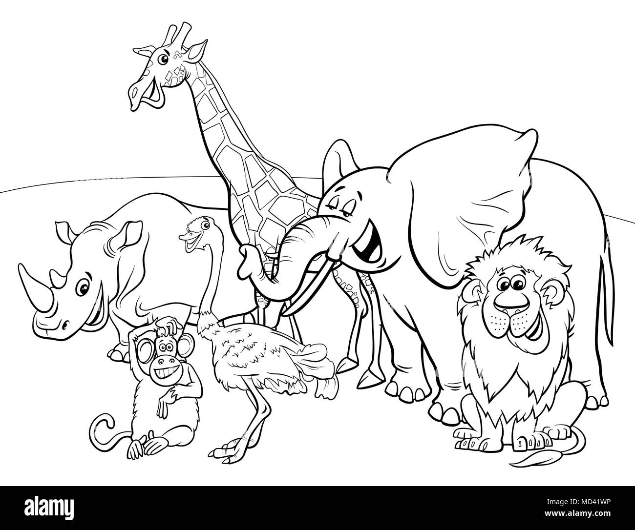 Black and White Cartoon Illustration of Wild Safari Animal Characters Group Coloring Book Stock Vector