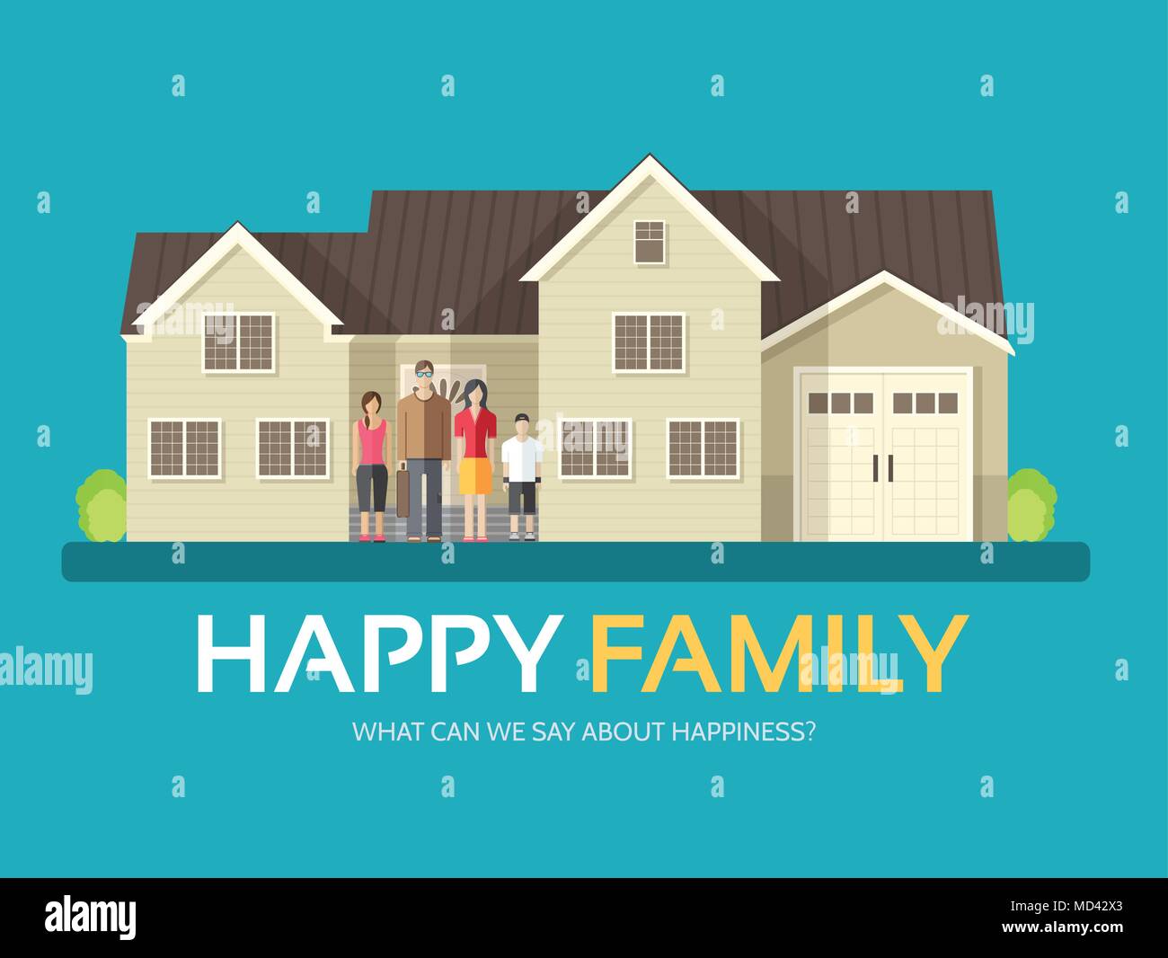 Happy family in flat design background concept. Mom, dad, son and daughter standing near big house. Icons for your product or illustration, web and mobile applications Stock Vector