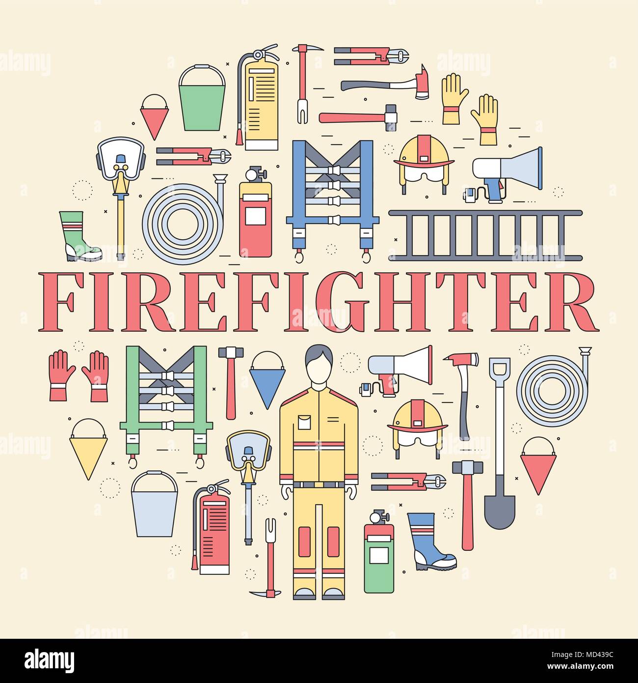 Flat firefighter uniform and first help equipment set and instruments ...