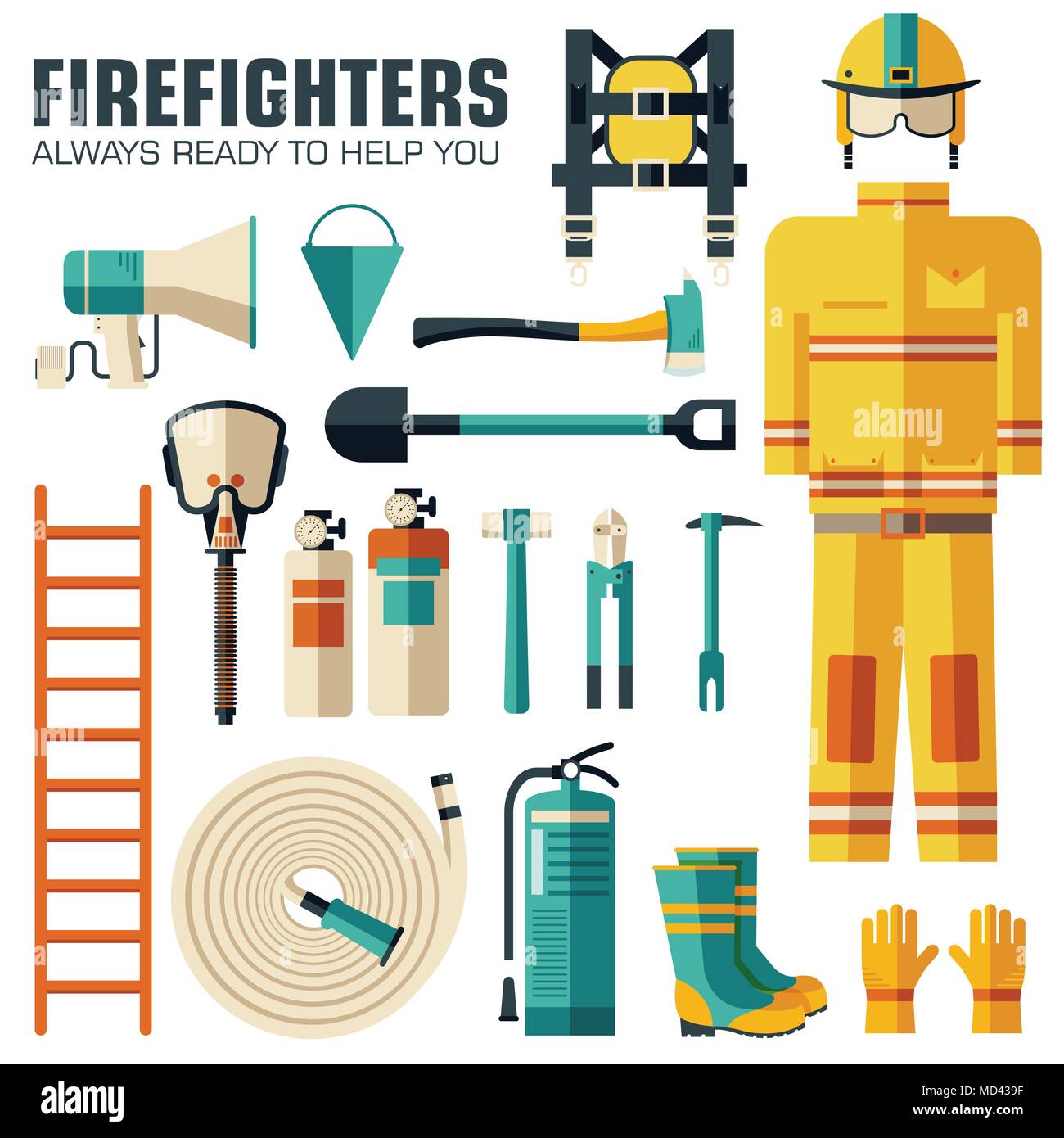 Flat firefighter uniform and first help equipment set and instruments. On flat style background concept. Vector illustration for colorful template for you design, web and mobile applications Stock Vector