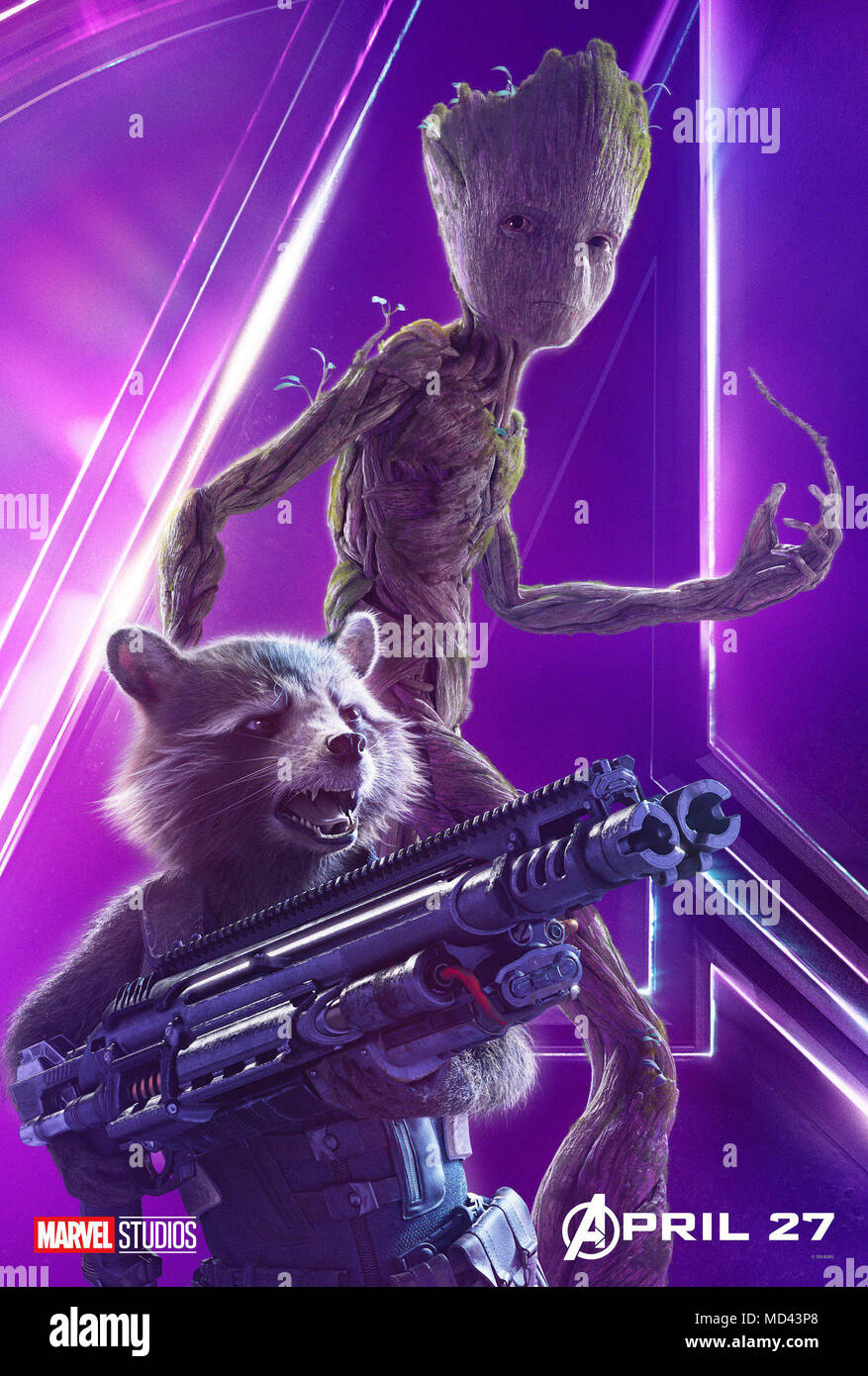 AVENGERS: INFINITY WAR, US character poster, l-r: Rocket Raccoon (voice:  Bradley Cooper), Groot (voice: Vin Diesel). 2018. © Marvel / © Walt Disney  Studios Motion Pictures Stock Photo - Alamy