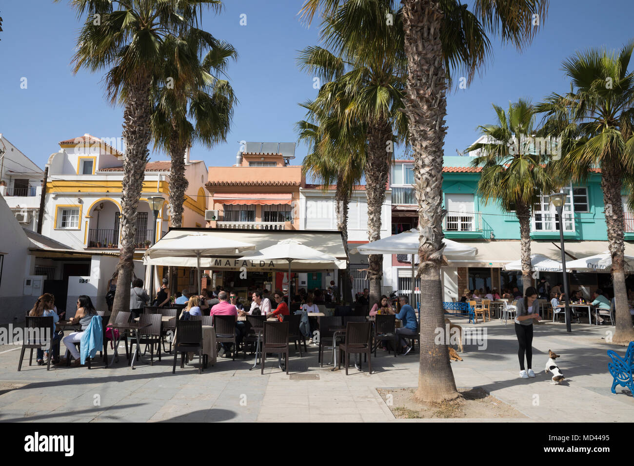 Restaurants along the Paseo Maritimo el Pedregal in the Pedregalejo area, Malaga, Costa del Sol, Andalucia, Spain, Europe Stock Photo