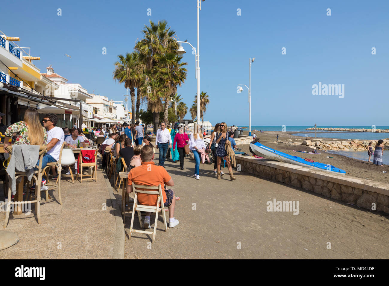 Restaurants and cafes along the Paseo Maritimo el Pedregal in the Pedregalejo area, Malaga, Costa del Sol, Andalucia, Spain, Europe Stock Photo