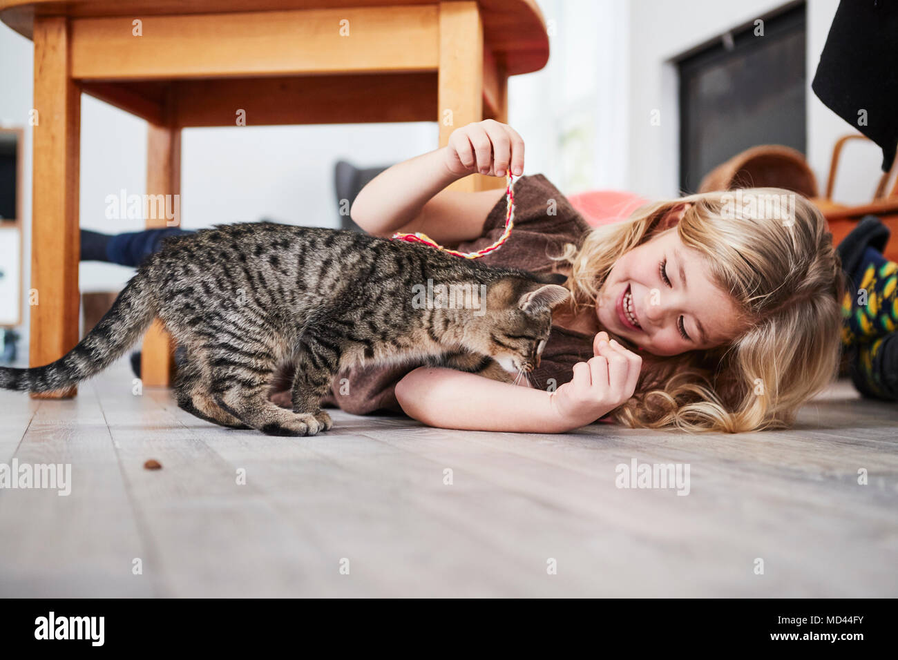 Young girl lying on floor, playing with pet cat Stock Photo