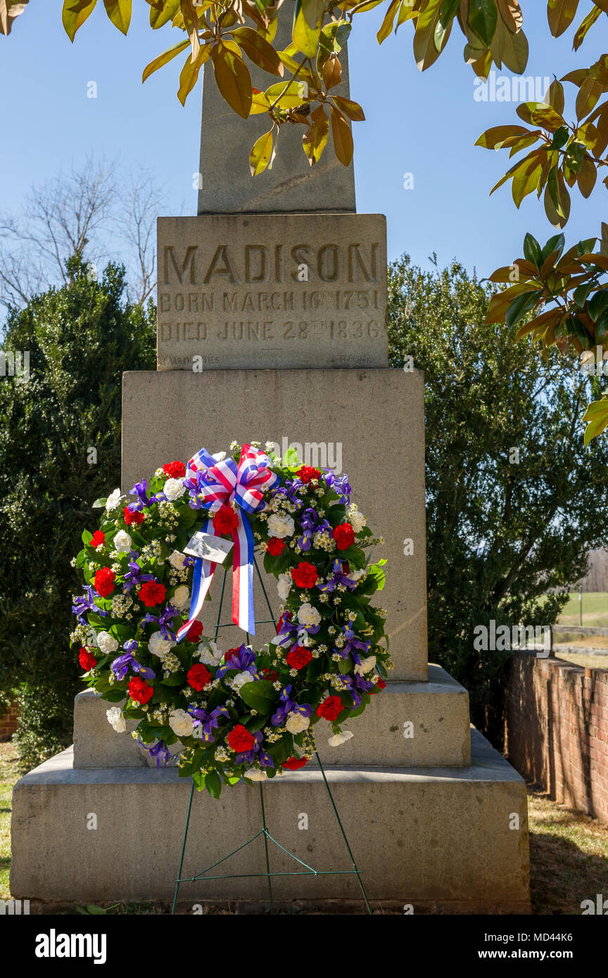 The Presidential wreath is displayed at the Presidential wreath laying ceremony held to honor the 4th President of the United States, James Madison, also known as the Father of the Constitution, at his home at Montpelier, Orange, Va., March 16, 2018. This event was held in commemoration of the 267th anniversary of the birth of Madison, born in 1751, and has also been decreed as James Madison Appreciation Day for the Commonwealth of Virginia. (U.S. Marine Corps photo by Kathy Reesey) Stock Photo