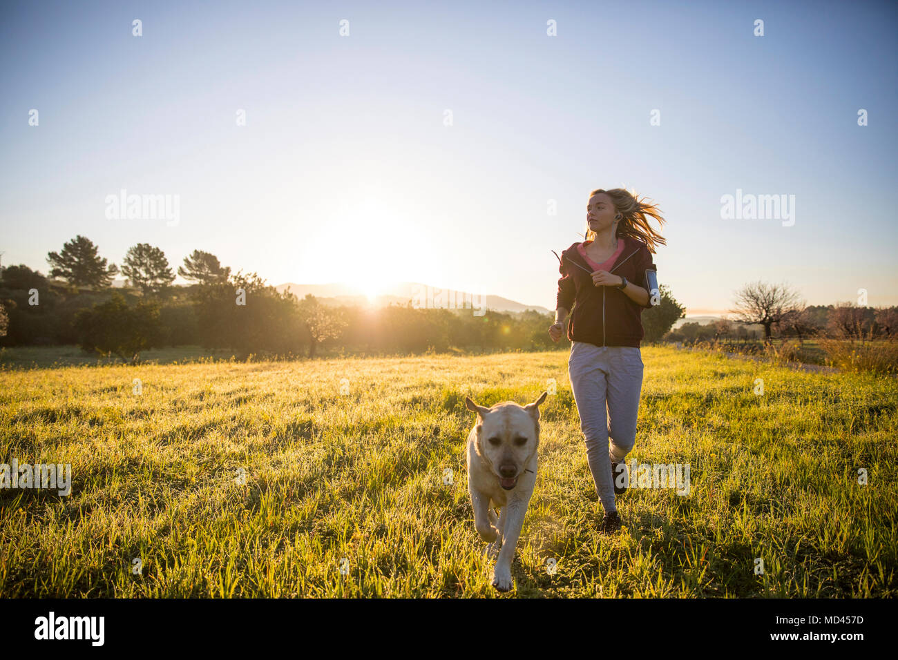 Young woman running across field, with pet dog Stock Photo