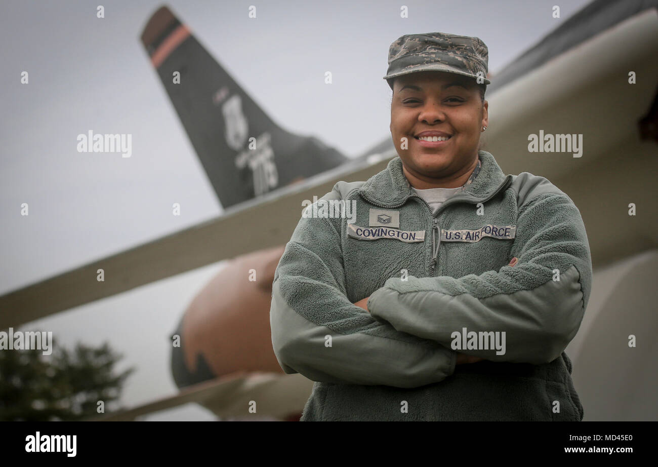 New Jersey Air National Guard Master Sgt. Tamika Covington, the 108th Wing's Recruiting and Retention Manager, stands for a portrait at Joint Base McGuire-Dix-Lakehurst, N.J., March 20, 2018. Covington assists Wing members with benefits, career counciling, and retraining. In her spare time, Covington is a member of the military sorority Kappa Epsilon Psi, an organization that provides volunteer opportunities and mentorship to female servicemembers. (U.S. Air National Guard photo by Master Sgt. Matt Hecht) Stock Photo