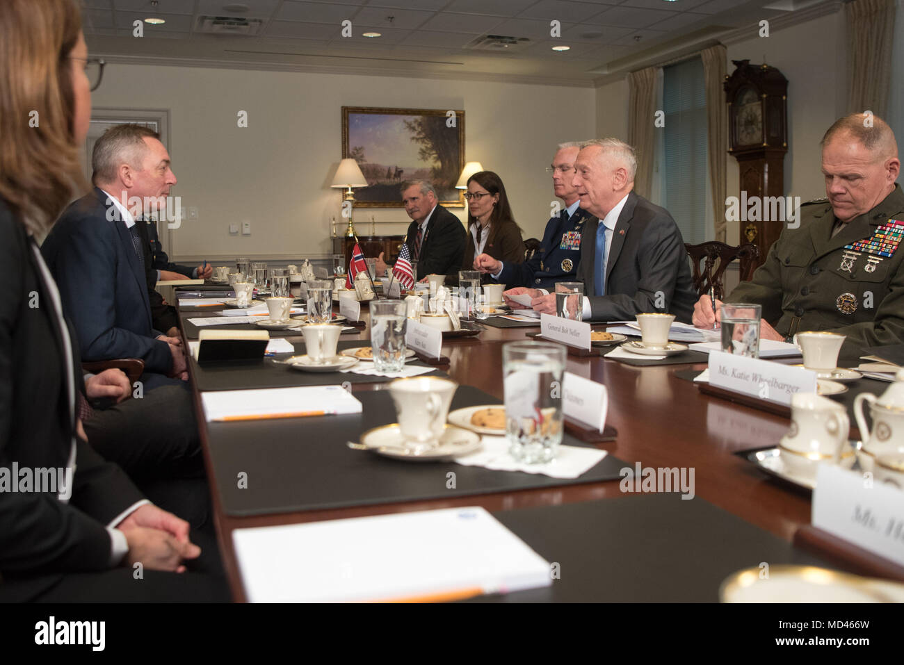 Defense Secretary James N. Mattis meets with Norwegian Minister of Defense Frank Bakke-Jensen at the Pentagon in Washington, D.C., Mar. 20, 2018. (DoD photo by U.S. Army Sgt. Amber I. Smith) Stock Photo