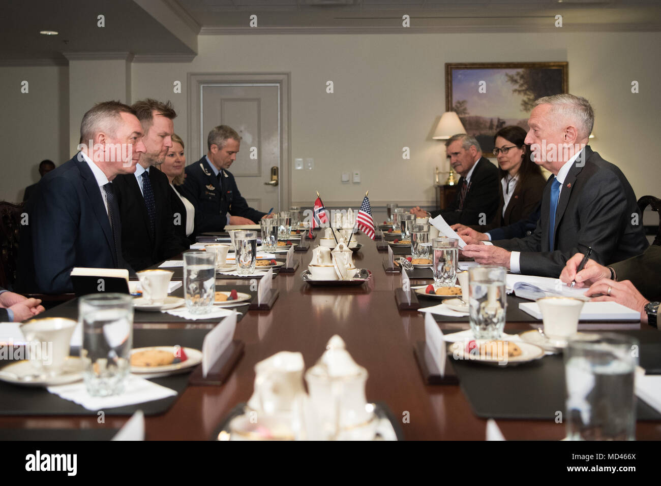 Defense Secretary James N. Mattis meets with Norwegian Minister of Defense Frank Bakke-Jensen at the Pentagon in Washington, D.C., Mar. 20, 2018. (DoD photo by U.S. Army Sgt. Amber I. Smith) Stock Photo